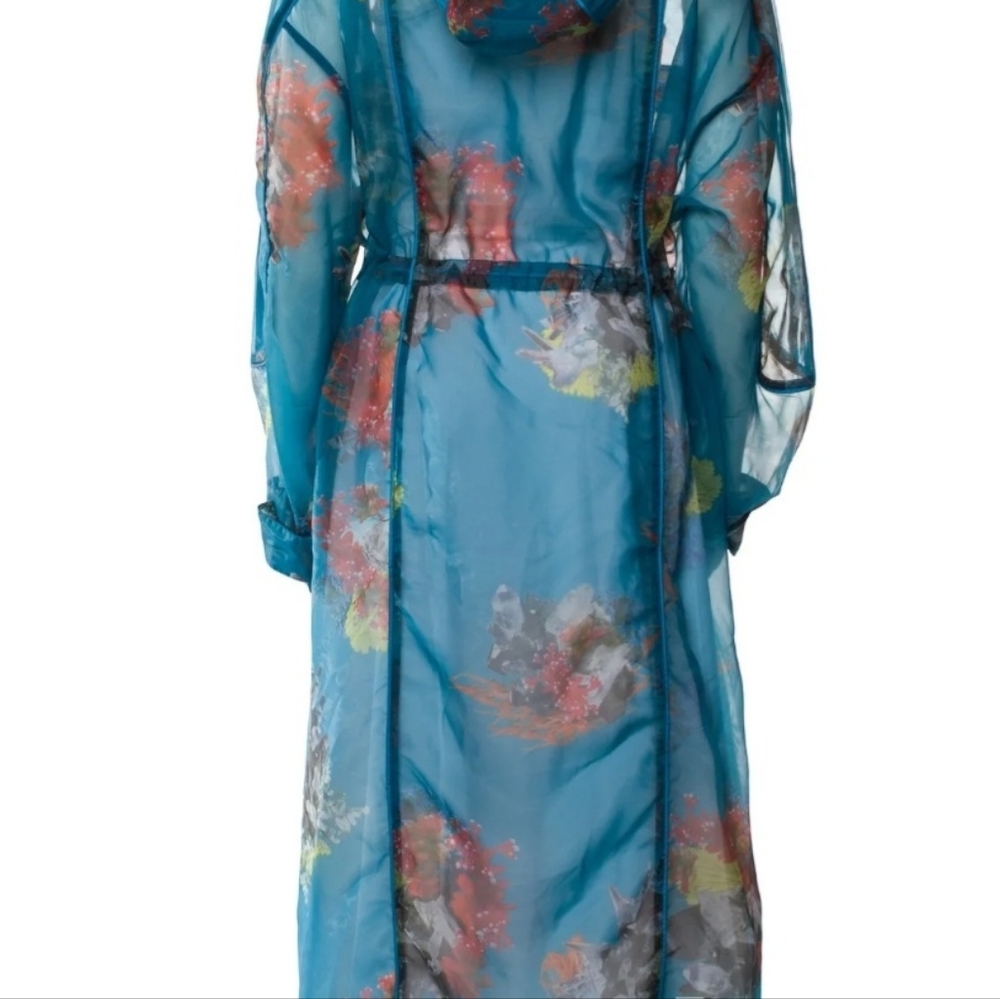 Sheer Floral Trench Coat - Blue